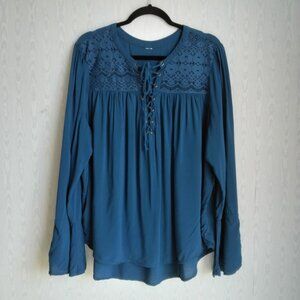 Women's 2X Lace-up Peasant Top Lace Ruffle Sleeve Rayon Blue Fairy Renaissance
